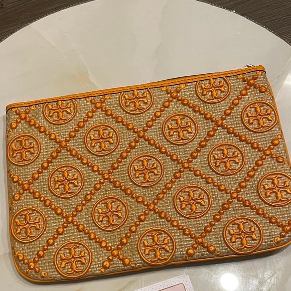 NWT Tory Burch Women's T Monogram Embellished Orange Citrine Straw Pouch - Picture 3 of 5